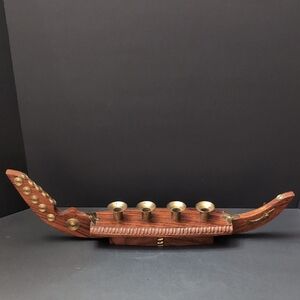 Vintage Kairali Mid-century Boho Wooden/Brass Gondola Boat Candle Holder.